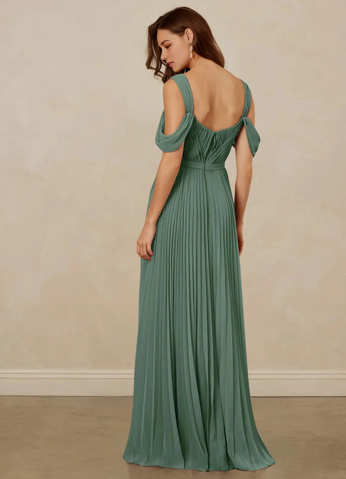 Sage Green Pleated Off-Shoulder Maxi Dress with Pockets Eucalyptus A-Line Off the Shoulder Chiffon Dress Bridesmaid Dresses by YiHuiw