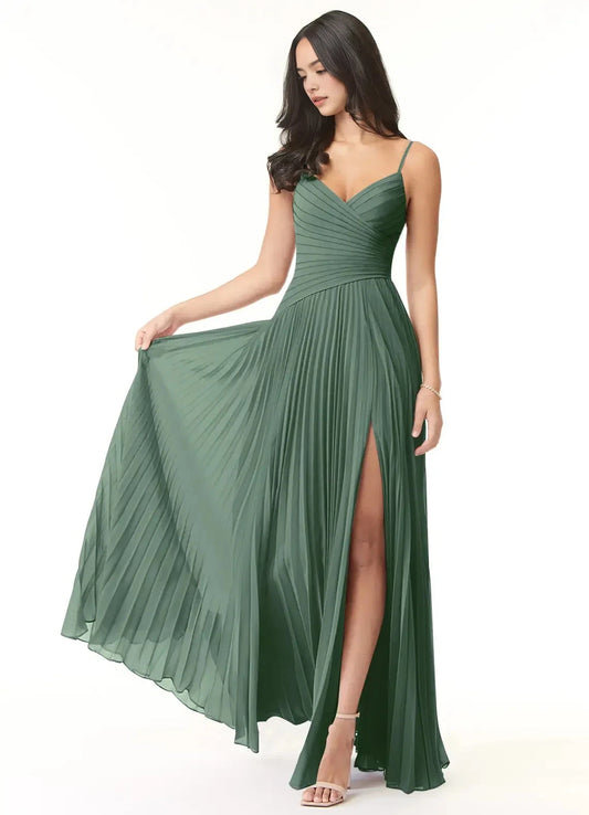 Sage Green Pleated V-Neck Maxi Dress with Side Slit A-Line V-Neck Pleated Chiffon Dress Bridesmaid Dresses by YiHuiw