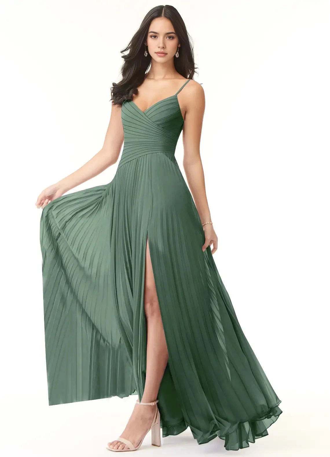 Sage Green Pleated V-Neck Maxi Dress with Side Slit A-Line V-Neck Pleated Chiffon Dress Bridesmaid Dresses by YiHuiw