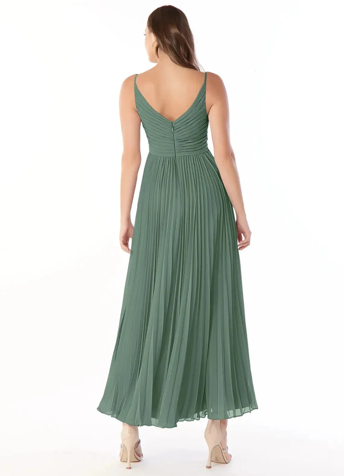 Sage Green Pleated V-Neck Spaghetti Strap Maxi Dress A-Line V-Neck Chiffon Dress Bridesmaid Dresses by YiHuiw