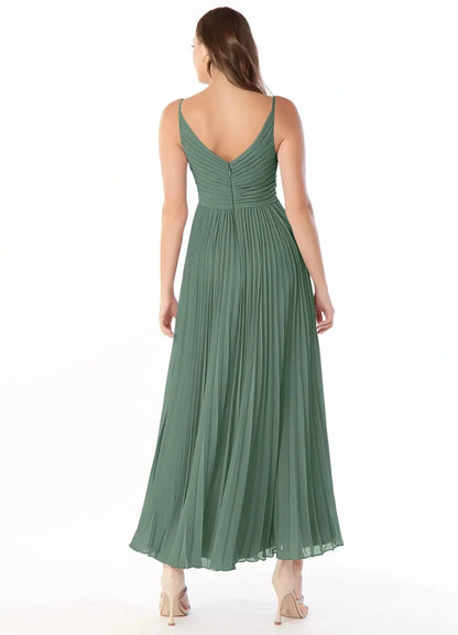 Sage Green Pleated V-Neck Spaghetti Strap Maxi Dress A-Line V-Neck Chiffon Dress Bridesmaid Dresses by YiHuiw