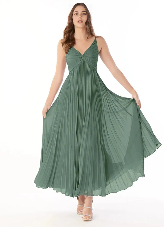 Sage Green Pleated V-Neck Spaghetti Strap Maxi Dress A-Line V-Neck Chiffon Dress Bridesmaid Dresses by YiHuiw