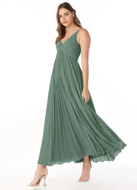 Sage Green Pleated V-Neck Spaghetti Strap Maxi Dress A-Line V-Neck Chiffon Dress Bridesmaid Dresses by YiHuiw