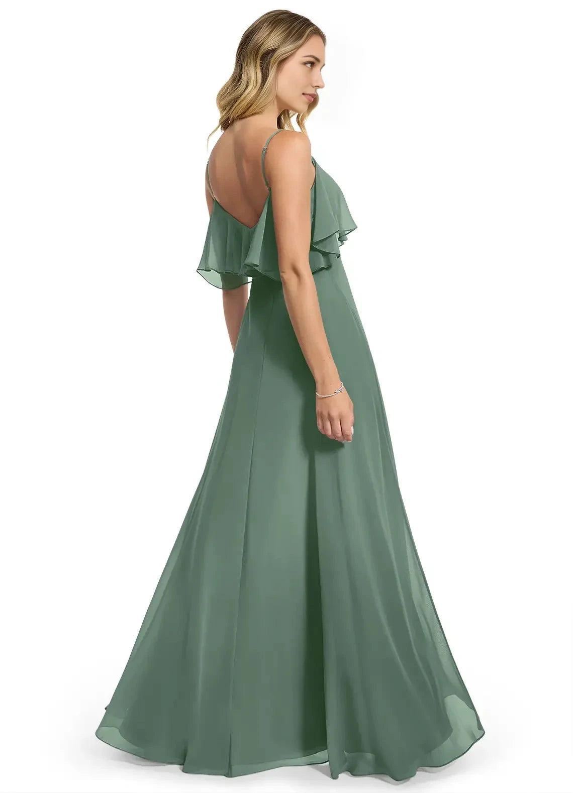 Sage Green Ruffled Spaghetti Strap Maxi Dress with Side Slit Eucalyptus A-Line Chiffon Convertible Dress Bridesmaid Dresses by YiHuiw