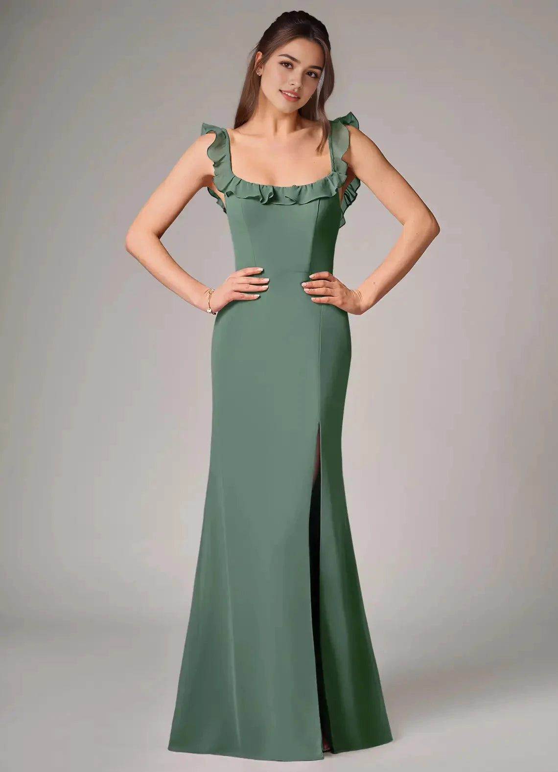 Sage Green Ruffled Strap Maxi Dress with Side Slit and Open Back Eucalyptus Mermaid Side Slit Chiffon Convertible Dress Bridesmaid Dresses by YiHuiw