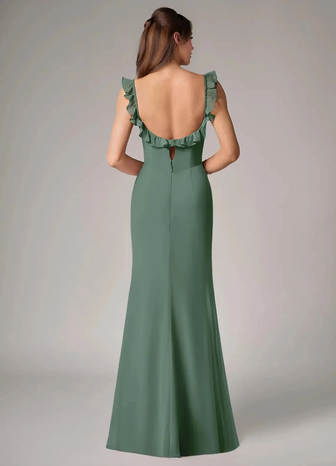Sage Green Ruffled Strap Maxi Dress with Side Slit and Open Back Eucalyptus Mermaid Side Slit Chiffon Convertible Dress Bridesmaid Dresses by YiHuiw