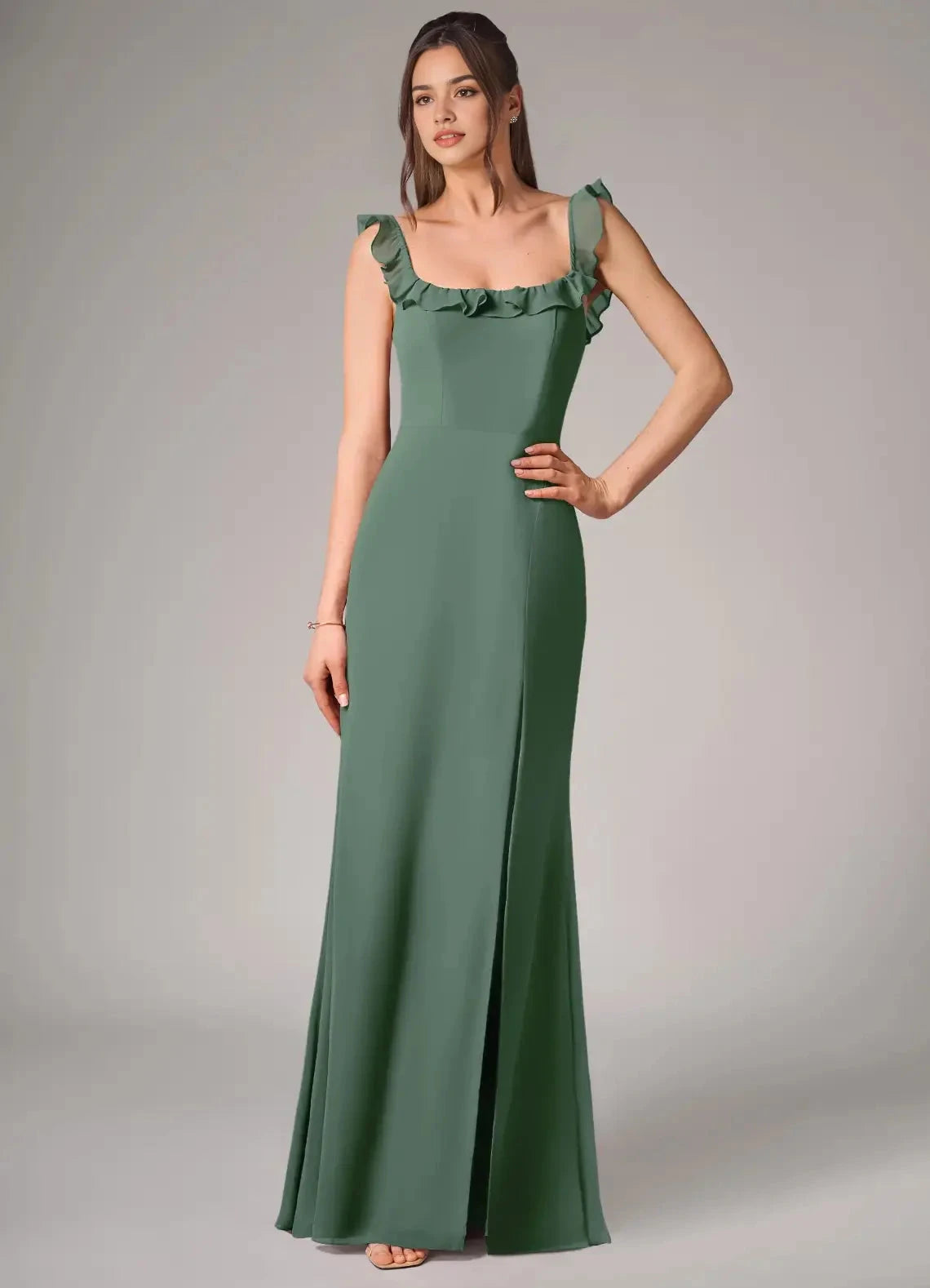 Sage Green Ruffled Strap Maxi Dress with Side Slit and Open Back Eucalyptus Mermaid Side Slit Chiffon Convertible Dress Bridesmaid Dresses by YiHuiw