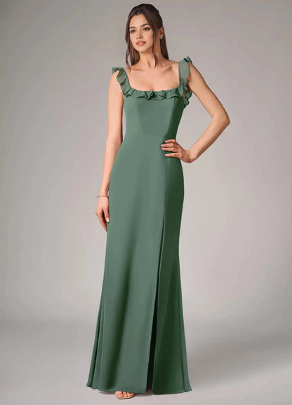 Sage Green Ruffled Strap Maxi Dress with Side Slit and Open Back Eucalyptus Mermaid Side Slit Chiffon Convertible Dress Bridesmaid Dresses by YiHuiw