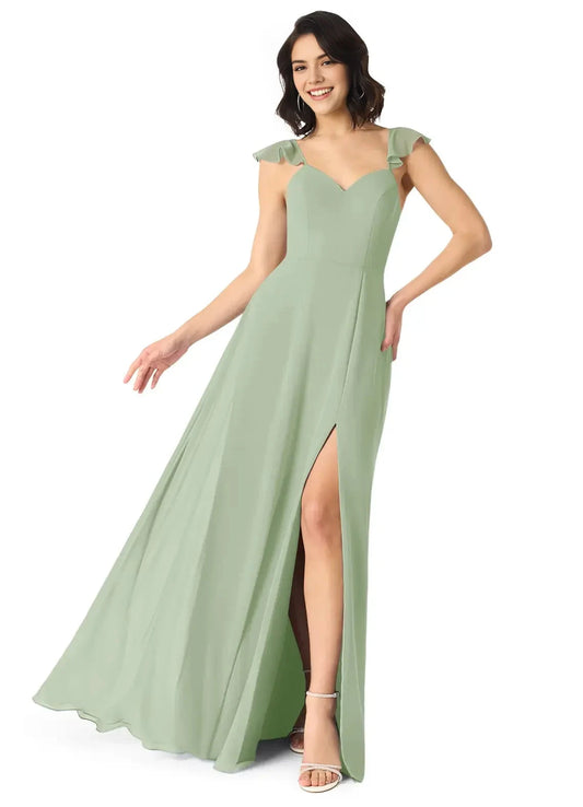 Green Cold-Shoulder Crisscross Back Evening Gown with Side Slit Eucalyptus Mermaid Pleated Chiffon Convertible Bridesmaid Dresses by YiHuiw