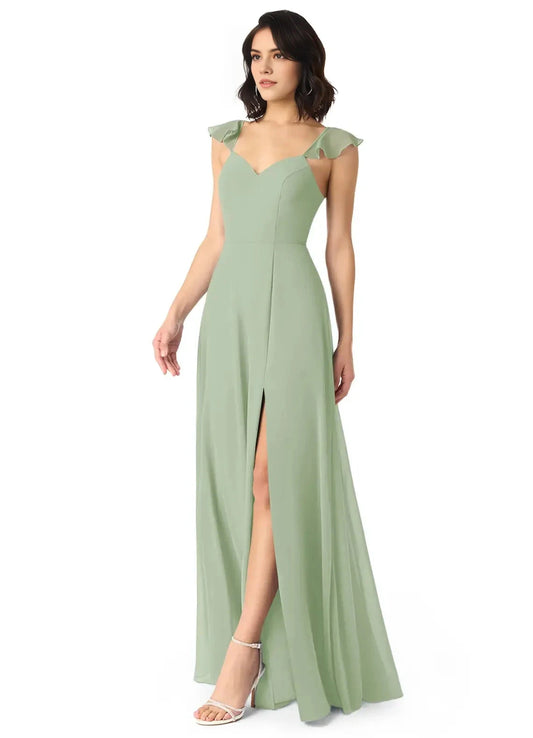 Green Cold-Shoulder Crisscross Back Evening Gown with Side Slit Eucalyptus Mermaid Pleated Chiffon Convertible Bridesmaid Dresses by YiHuiw