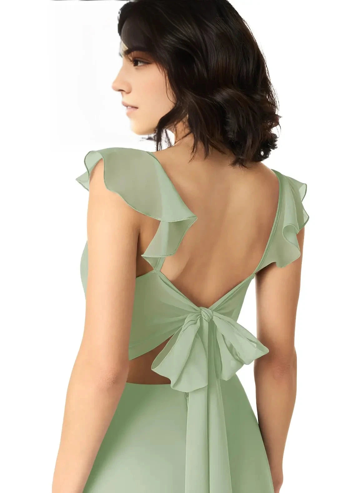 Green Cold-Shoulder Crisscross Back Evening Gown with Side Slit Eucalyptus Mermaid Pleated Chiffon Convertible Bridesmaid Dresses by YiHuiw