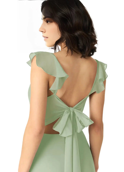 Green Cold-Shoulder Crisscross Back Evening Gown with Side Slit Eucalyptus Mermaid Pleated Chiffon Convertible Bridesmaid Dresses by YiHuiw