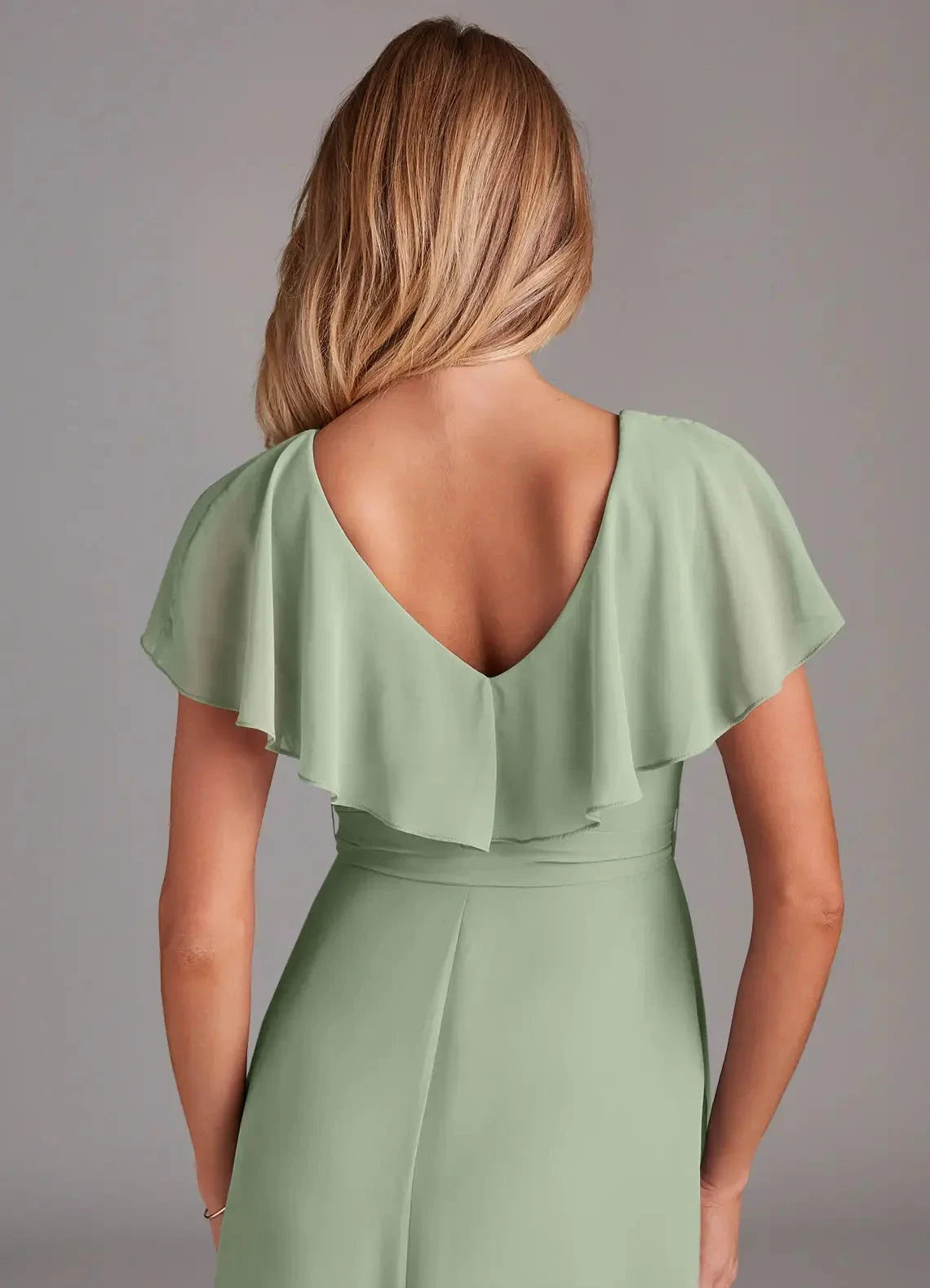 Sage Green Ruffled V-Neck Chiffon Maxi Dress with Side Slit and Belt Dusty Sage A-Line with Pockets Chiffon Dress Bridesmaid Dresses by YiHuiw