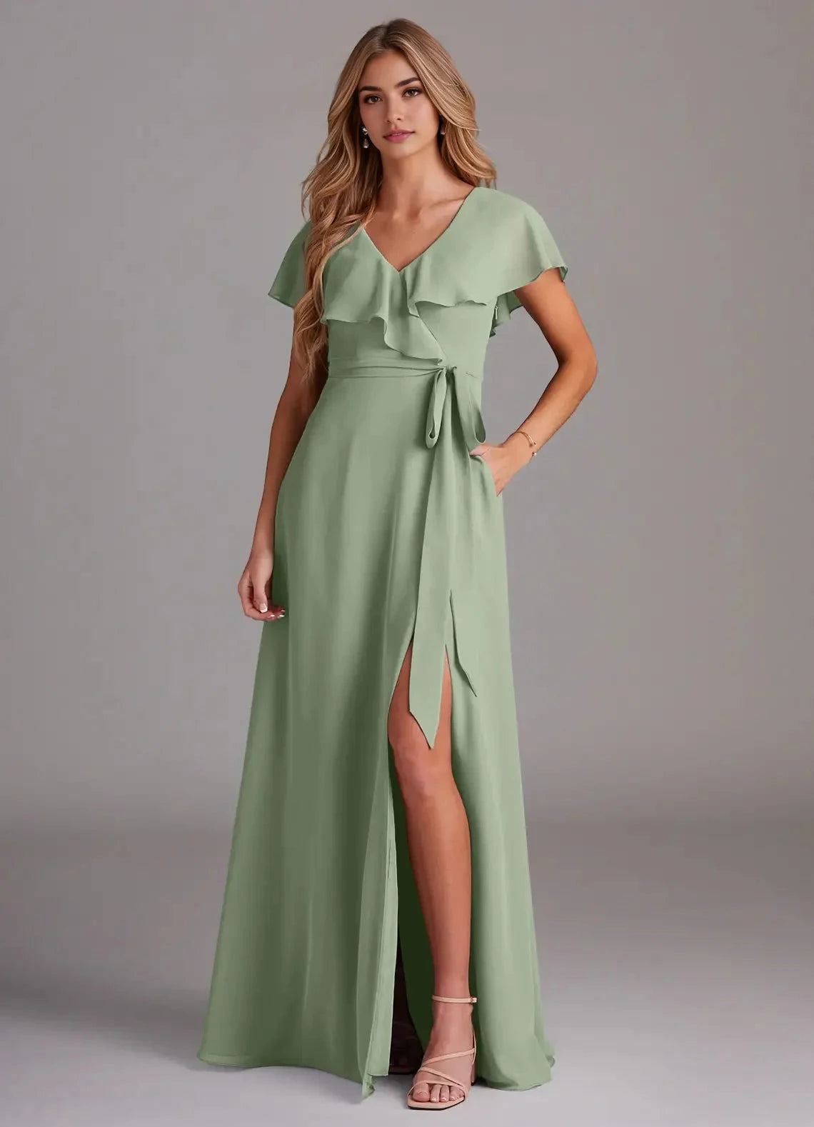 Sage Green Ruffled V-Neck Chiffon Maxi Dress with Side Slit and Belt Dusty Sage A-Line with Pockets Chiffon Dress Bridesmaid Dresses by YiHuiw