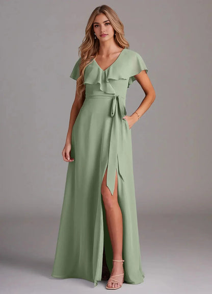 Sage Green Ruffled V-Neck Chiffon Maxi Dress with Side Slit and Belt Dusty Sage A-Line with Pockets Chiffon Dress Bridesmaid Dresses by YiHuiw