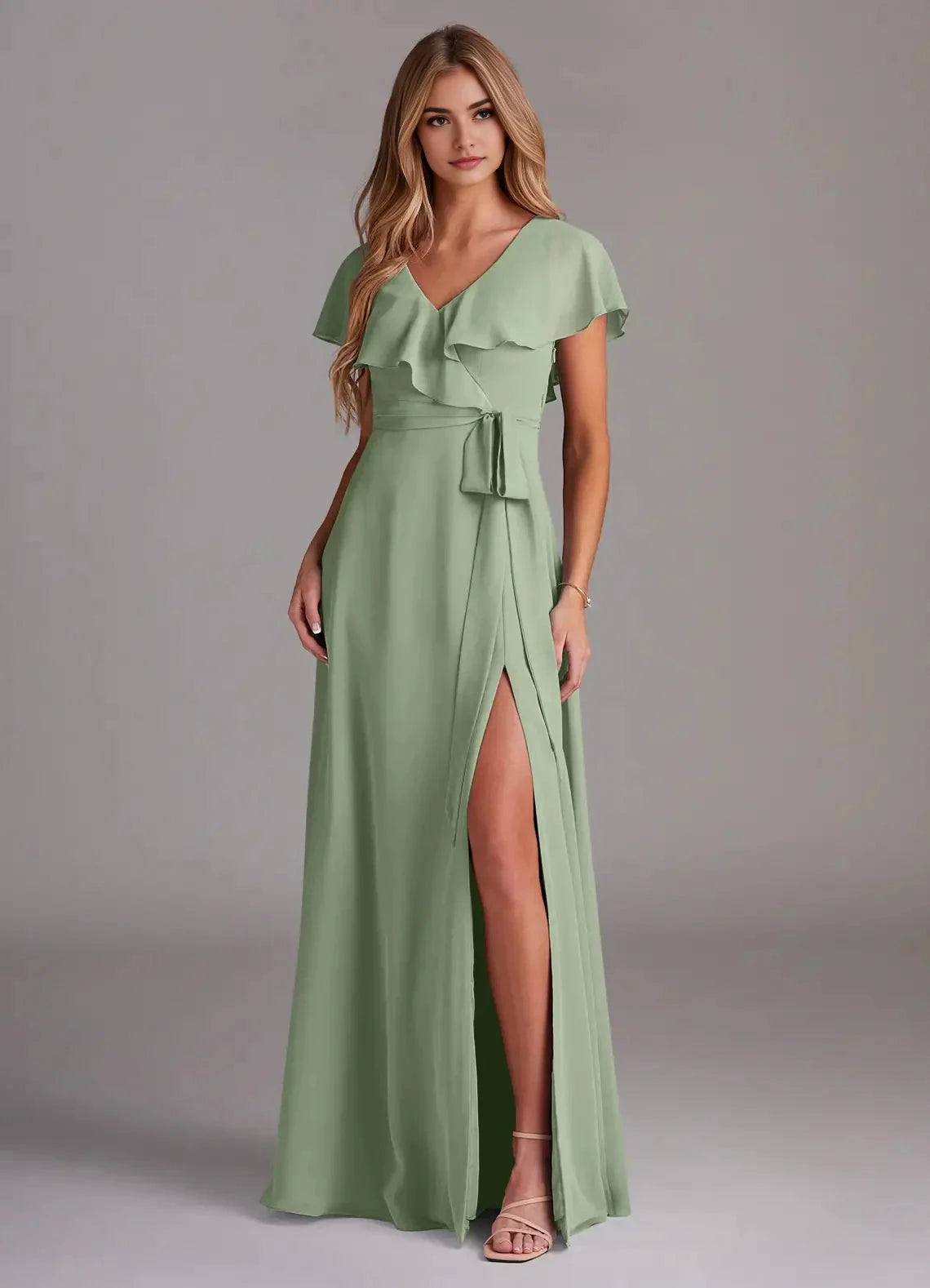 Sage Green Ruffled V-Neck Chiffon Maxi Dress with Side Slit and Belt Dusty Sage A-Line with Pockets Chiffon Dress Bridesmaid Dresses by YiHuiw