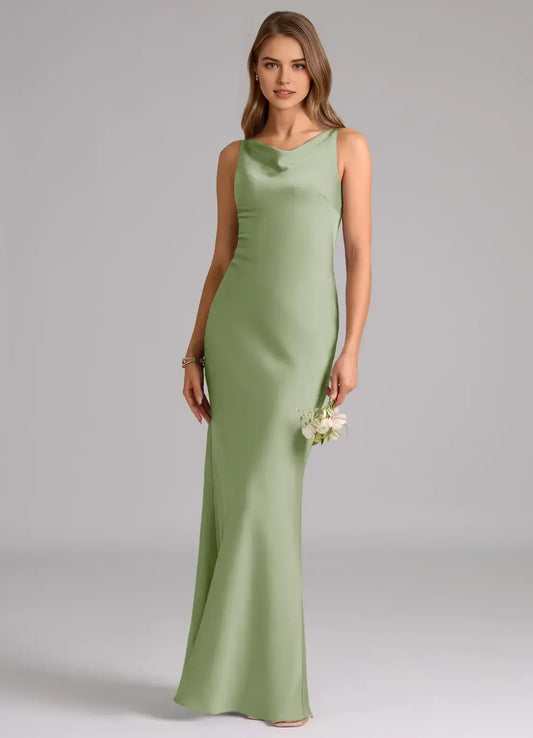 Sage Green Mermaid Cowl Neck Satin Sleeveless Open Back Floor-Length Wedding Dress - Yihuiw by Yihuiw
