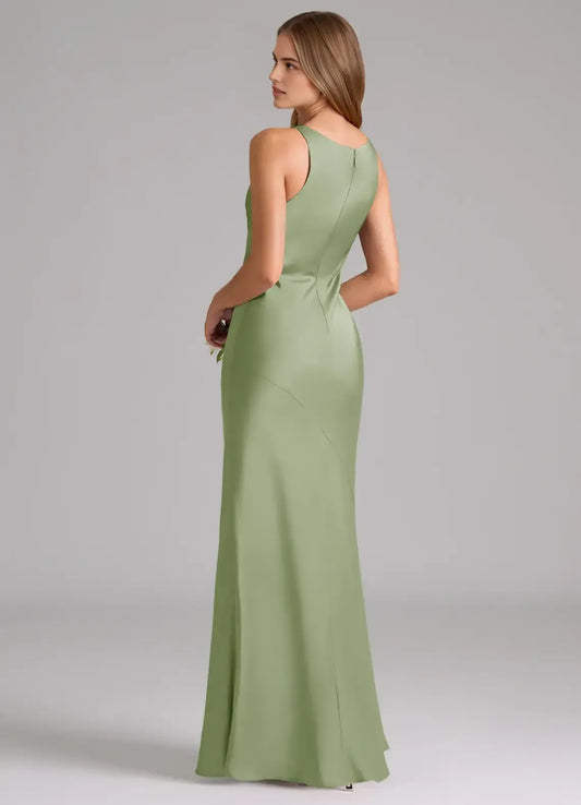 Sage Green Mermaid Cowl Neck Satin Sleeveless Open Back Floor-Length Wedding Dress - Yihuiw by Yihuiw
