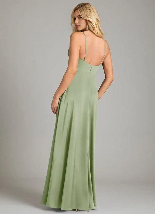 Sage Green Spaghetti Strap Satin High Slit Floor-Length Wedding Dress - Yihuiw by Yihuiw
