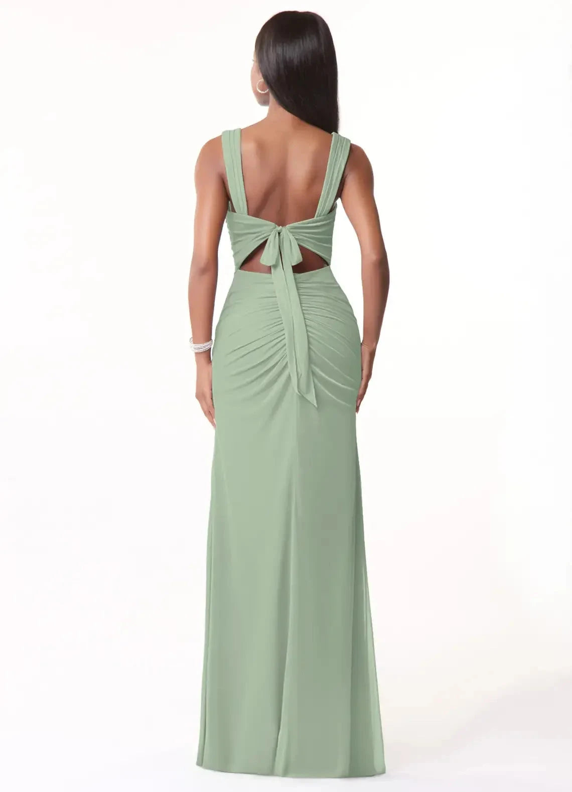 Green Square Neck Open Back Evening Gown with Side Slit Sage Sheath Ruched Mesh Dress Bridesmaid Dresses by YiHuiw