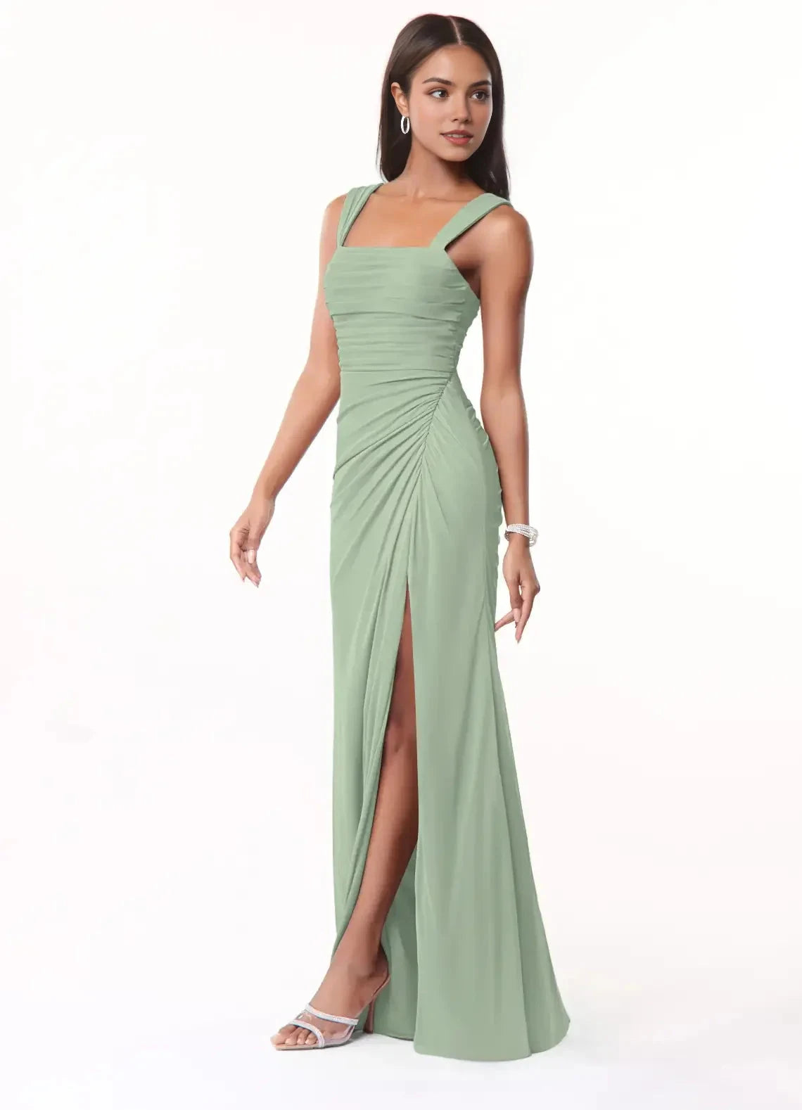 Green Square Neck Open Back Evening Gown with Side Slit Sage Sheath Ruched Mesh Dress Bridesmaid Dresses by YiHuiw