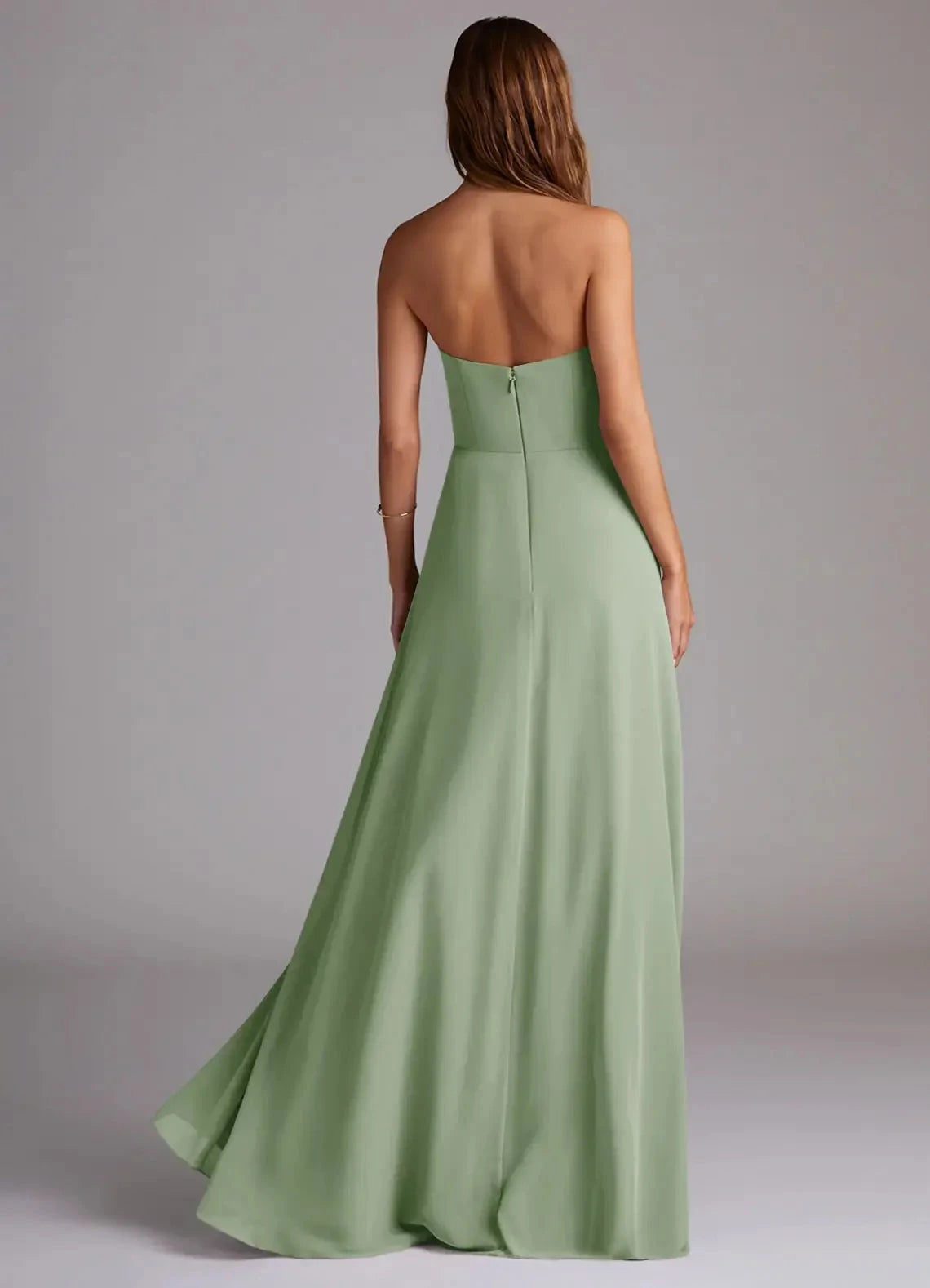 Sage Green Strapless Maxi Dress with Side Slit and Open Back A-Line Side Slit Chiffon Convertible Dress by YiHuiw