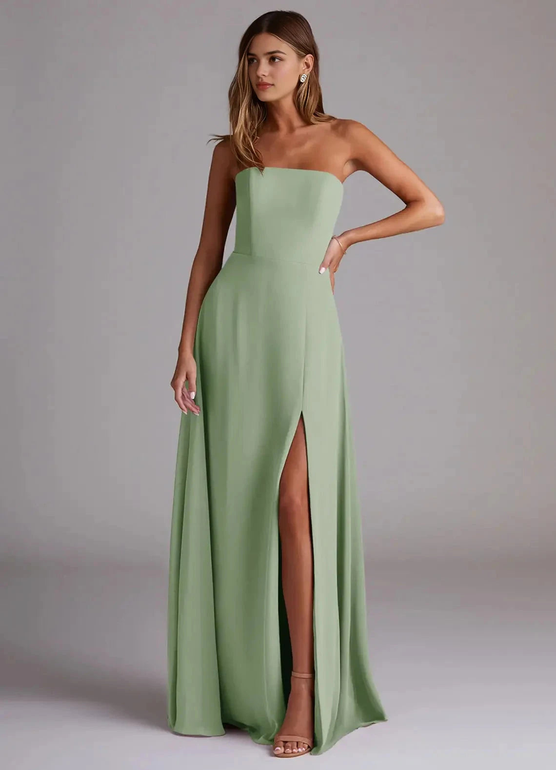 Sage Green Strapless Maxi Dress with Side Slit and Open Back A-Line Side Slit Chiffon Convertible Dress by YiHuiw