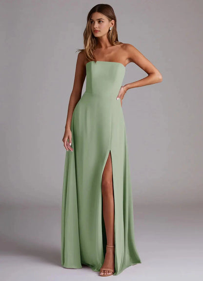 Sage Green Strapless Maxi Dress with Side Slit and Open Back A-Line Side Slit Chiffon Convertible Dress by YiHuiw