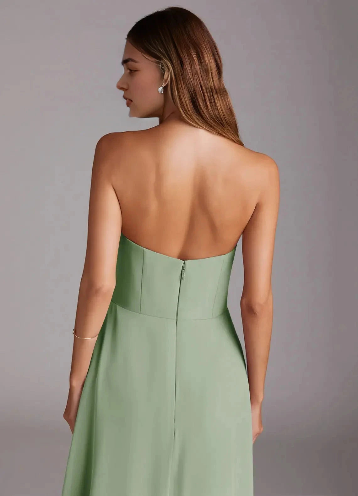 Sage Green Strapless Maxi Dress with Side Slit and Open Back A-Line Side Slit Chiffon Convertible Dress by YiHuiw