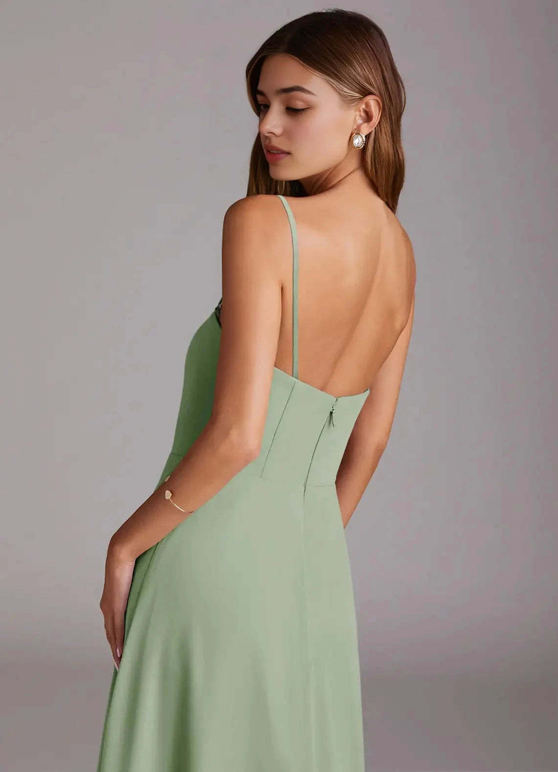 Sage Green Strapless Maxi Dress with Side Slit and Open Back A-Line Side Slit Chiffon Convertible Dress by YiHuiw