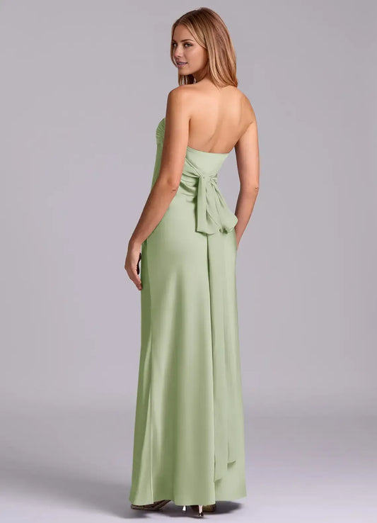 Sage Green Strapless Satin Ruched Floor-Length Wedding Dress - Yihuiw by Yihuiw