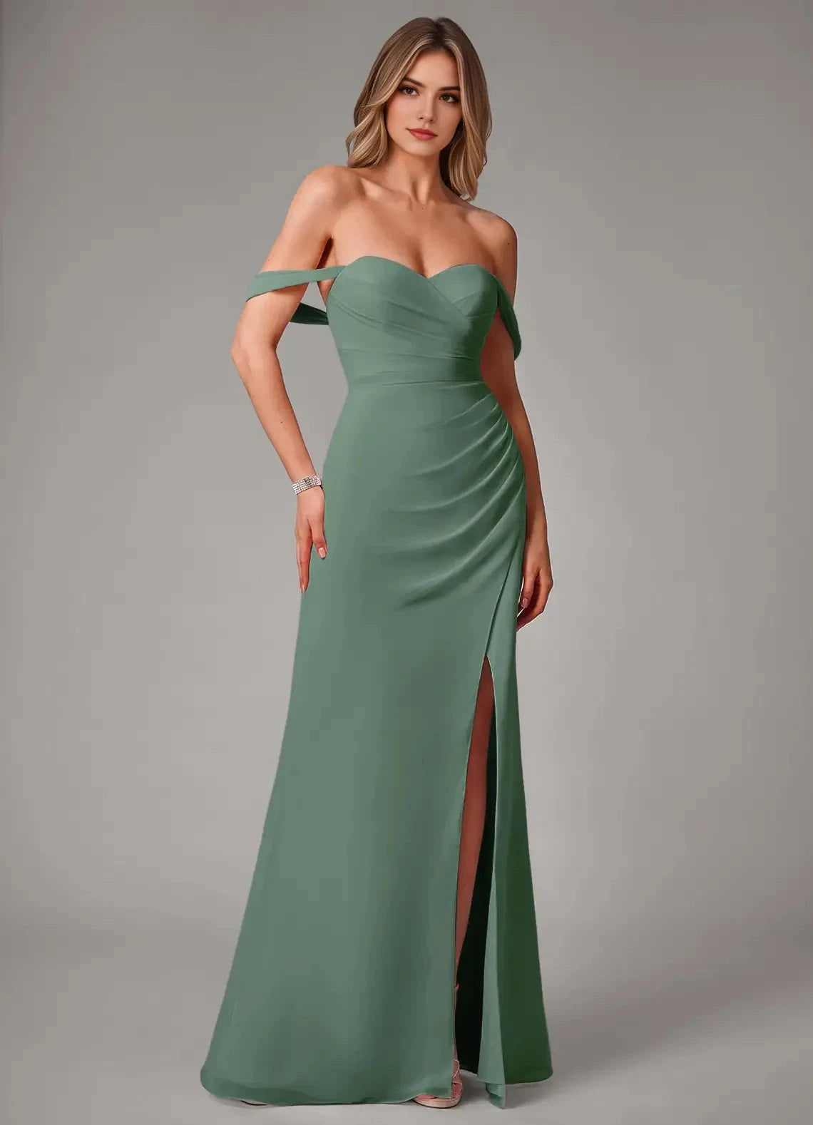 Sage Green Sweetheart Neck Chiffon Evening Gown with Side Slit Eucalyptus Sheath Off the Shoulder Convertible Bridesmaid Dresses by YiHuiw