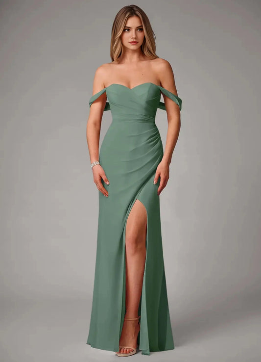 Sage Green Sweetheart Neck Chiffon Evening Gown with Side Slit Eucalyptus Sheath Off the Shoulder Convertible Bridesmaid Dresses by YiHuiw