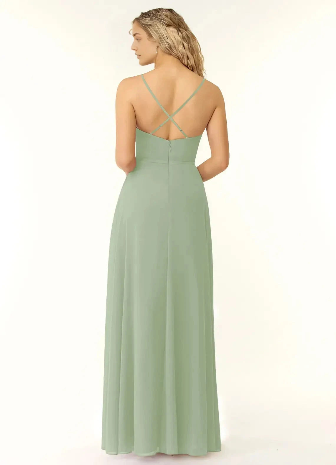 Sage Green Sweetheart Neck Chiffon Maxi Dress with Side Slit and Crisscross Back Dusty Sage A-Line V-Neck Ruffle Chiffon Dress Bridesmaid Dresses by YiHuiw