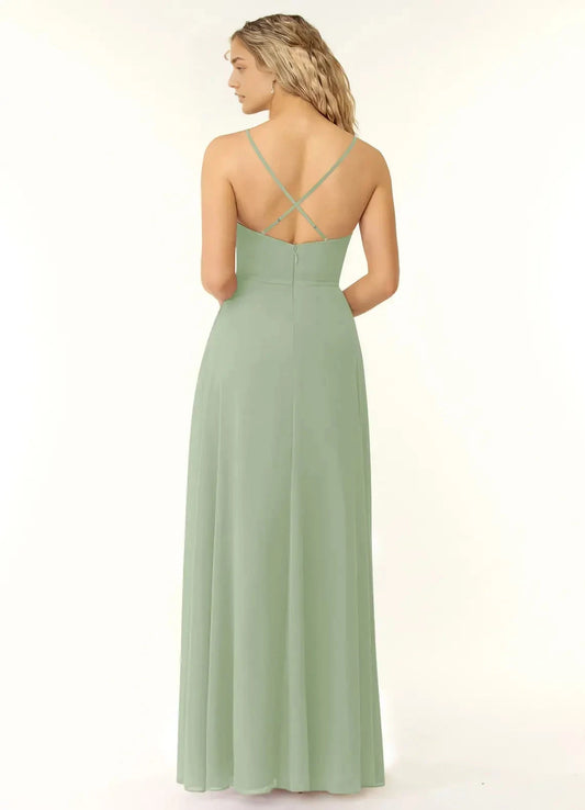 Sage Green Sweetheart Neck Chiffon Maxi Dress with Side Slit and Crisscross Back Dusty Sage A-Line V-Neck Ruffle Chiffon Dress Bridesmaid Dresses by YiHuiw