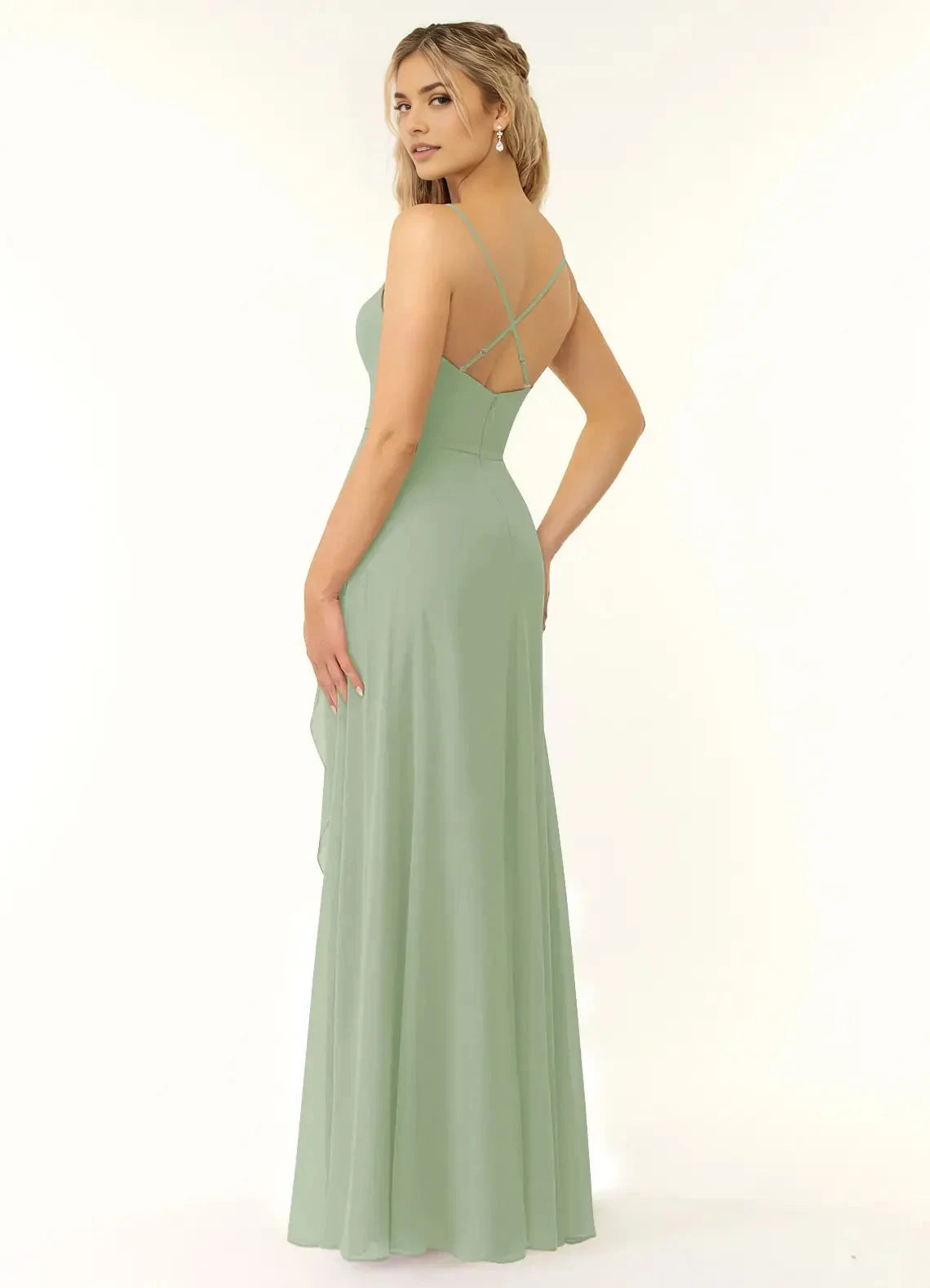 Sage Green Sweetheart Neck Chiffon Maxi Dress with Side Slit and Crisscross Back Dusty Sage A-Line V-Neck Ruffle Chiffon Dress Bridesmaid Dresses by YiHuiw