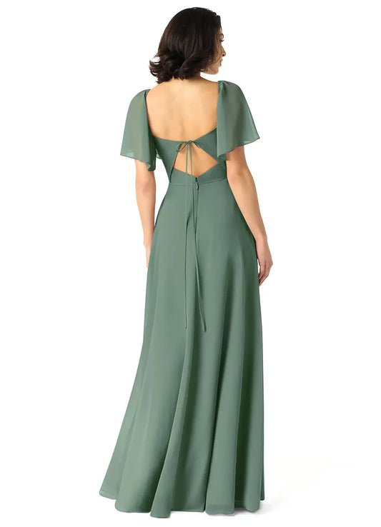 Sage Green Sweetheart Neck Maxi Dress with Flutter Sleeves and Side Slit A-Line Chiffon Dress Bridesmaid Dresses by YiHuiw