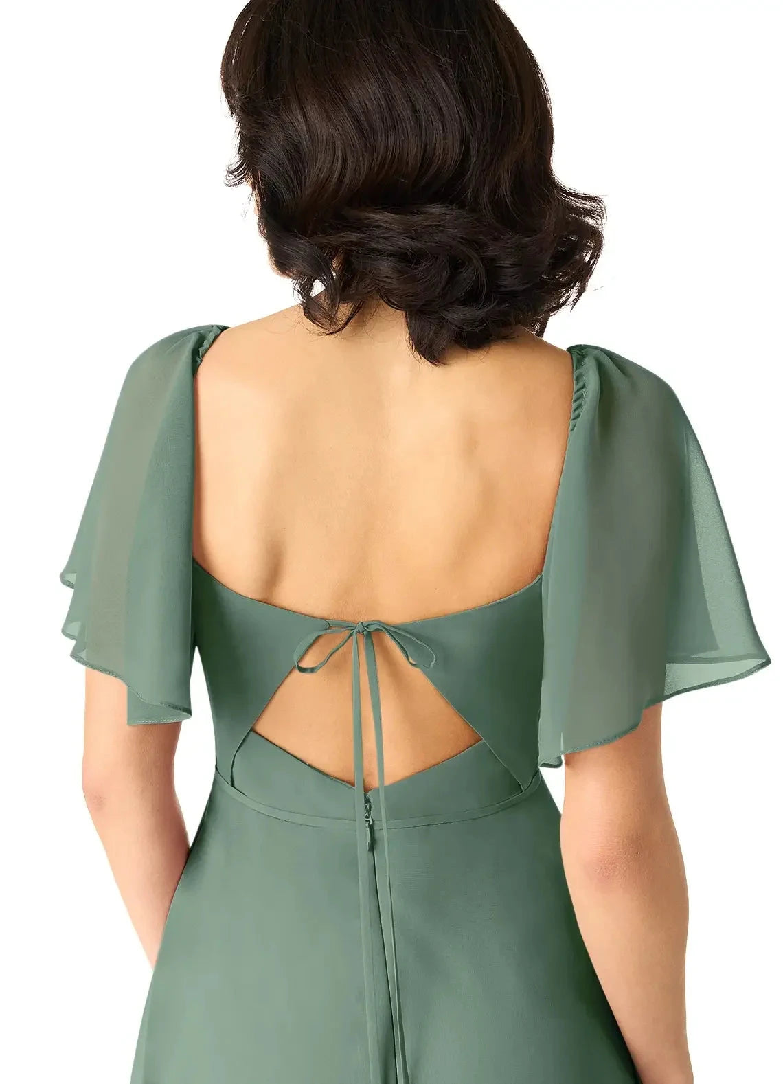 Sage Green Sweetheart Neck Maxi Dress with Flutter Sleeves and Side Slit A-Line Chiffon Dress Bridesmaid Dresses by YiHuiw