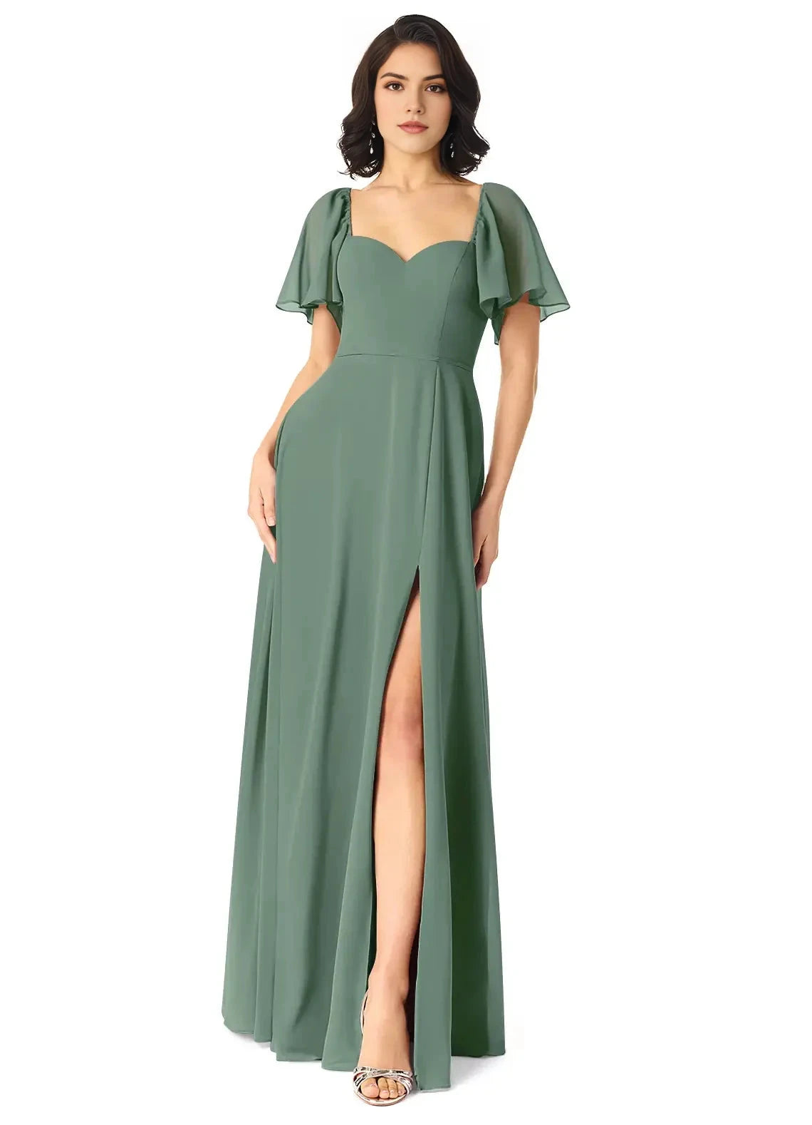 Sage Green Sweetheart Neck Maxi Dress with Flutter Sleeves and Side Slit A-Line Chiffon Dress Bridesmaid Dresses by YiHuiw