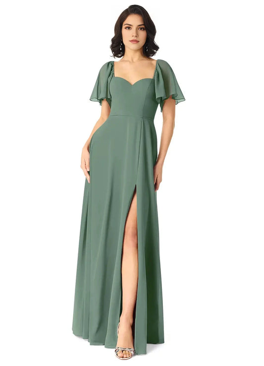 Sage Green Sweetheart Neck Maxi Dress with Flutter Sleeves and Side Slit A-Line Chiffon Dress Bridesmaid Dresses by YiHuiw