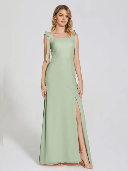Sage Green Square Neck Chiffon High Slit Floor-Length Wedding Dress - Yihuiw by Yihuiw