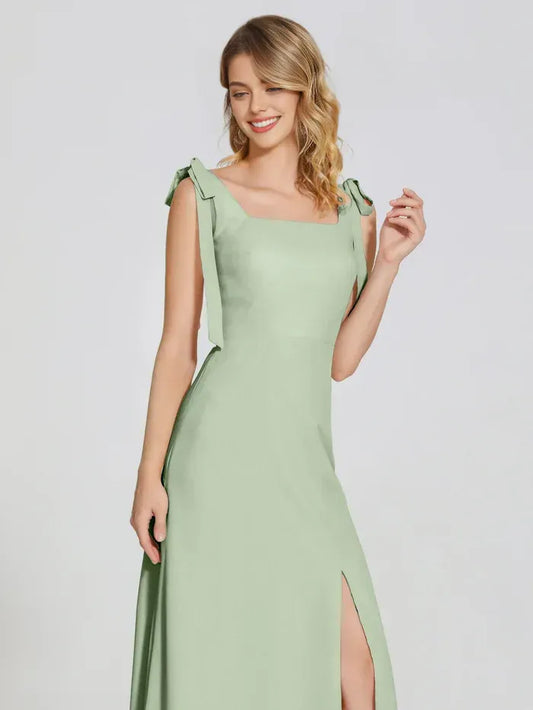 Sage Green Square Neck Chiffon High Slit Floor-Length Wedding Dress - Yihuiw by Yihuiw