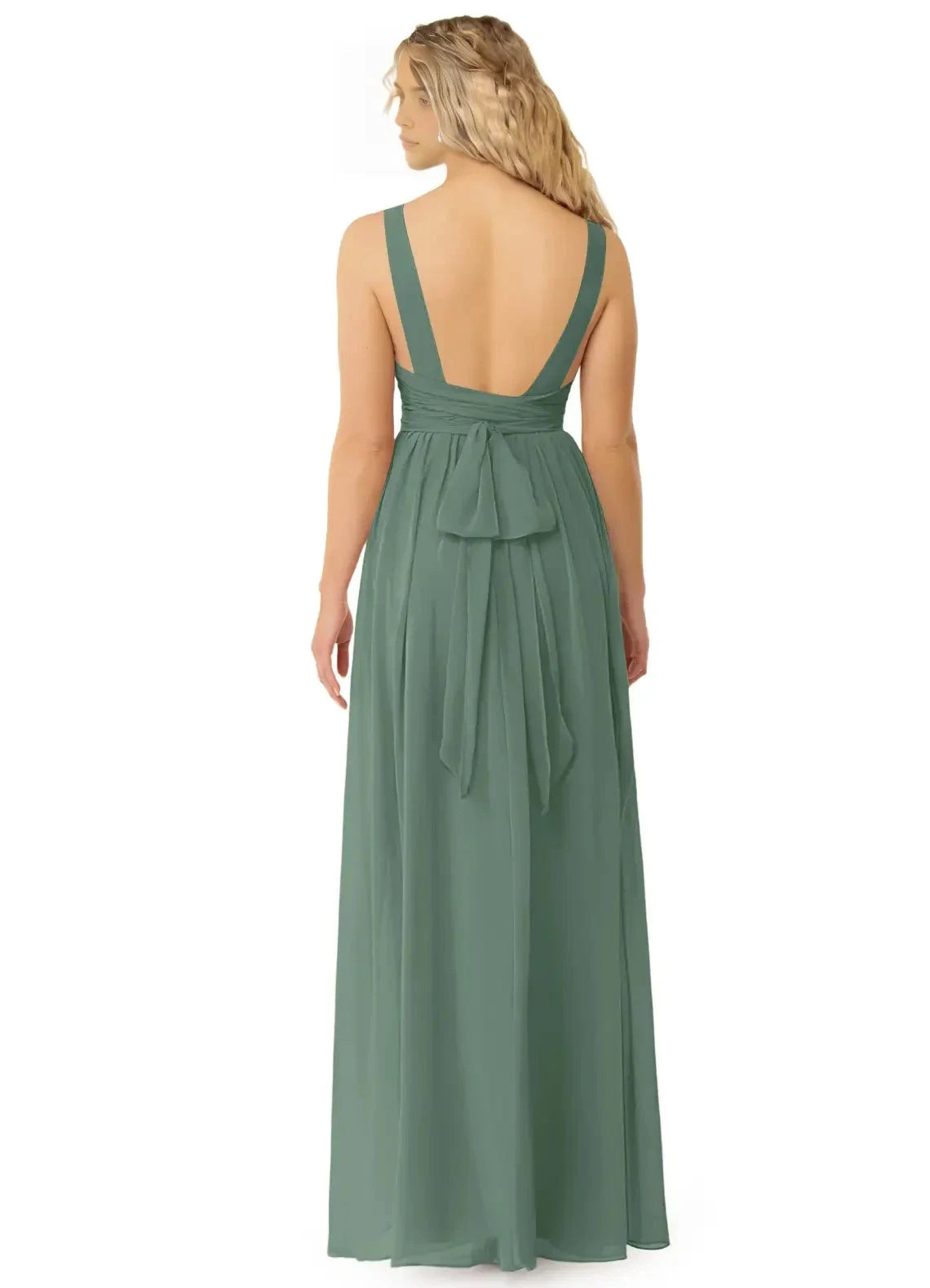 Sage Green V-Neck Chiffon Maxi Dress with Open Back Bow Eucalyptus A-Line Pleated Chiffon Dress Bridesmaid Dresses by YiHuiw