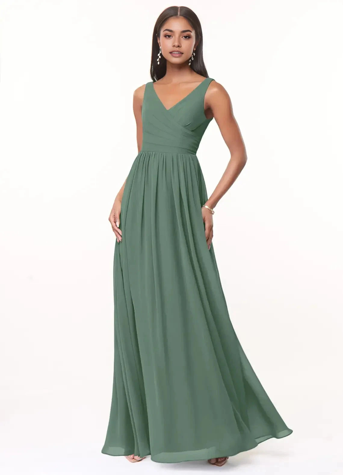 Sage Green V-Neck Chiffon Maxi Dress with Open Back Eucalyptus A-Line V-Neck Pleated Chiffon Dress Bridesmaid Dresses by YiHuiw