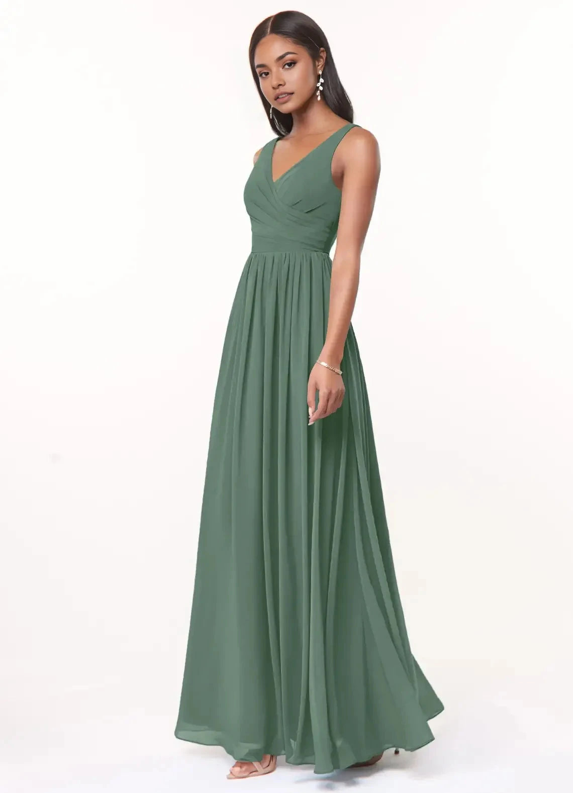 Sage Green V-Neck Chiffon Maxi Dress with Open Back Eucalyptus A-Line V-Neck Pleated Chiffon Dress Bridesmaid Dresses by YiHuiw