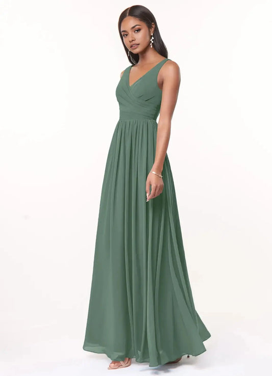 Sage Green V-Neck Chiffon Maxi Dress with Open Back Eucalyptus A-Line V-Neck Pleated Chiffon Dress Bridesmaid Dresses by YiHuiw
