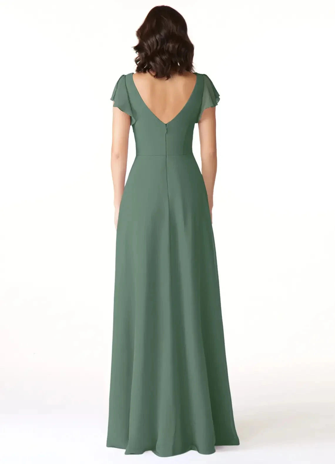 Sage Green V-Neck Flutter Sleeve Maxi Dress with Side Slit A-Line Chiffon Bridesmaid Dresses by YiHuiw
