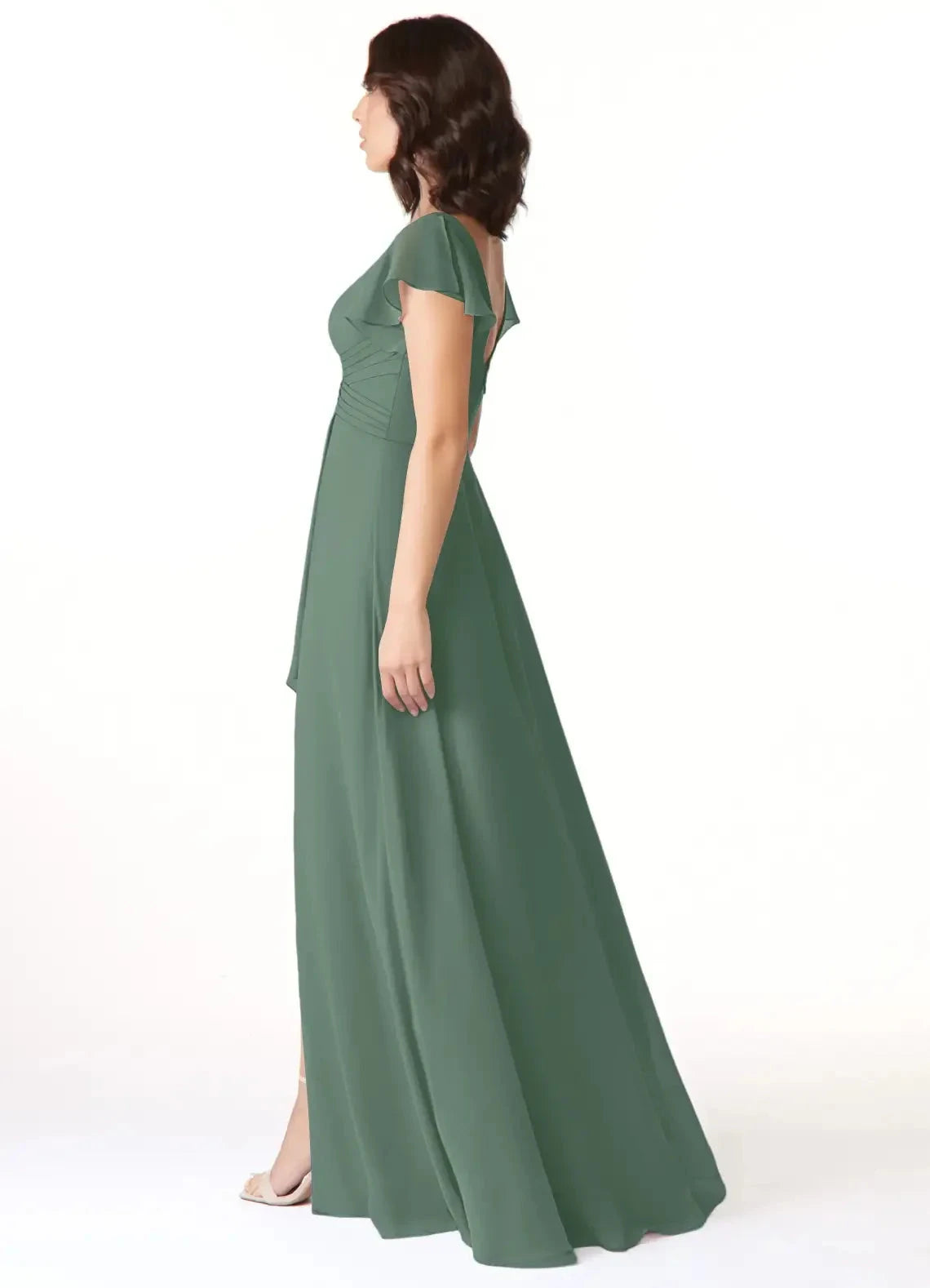 Sage Green V-Neck Flutter Sleeve Maxi Dress with Side Slit A-Line Chiffon Bridesmaid Dresses by YiHuiw