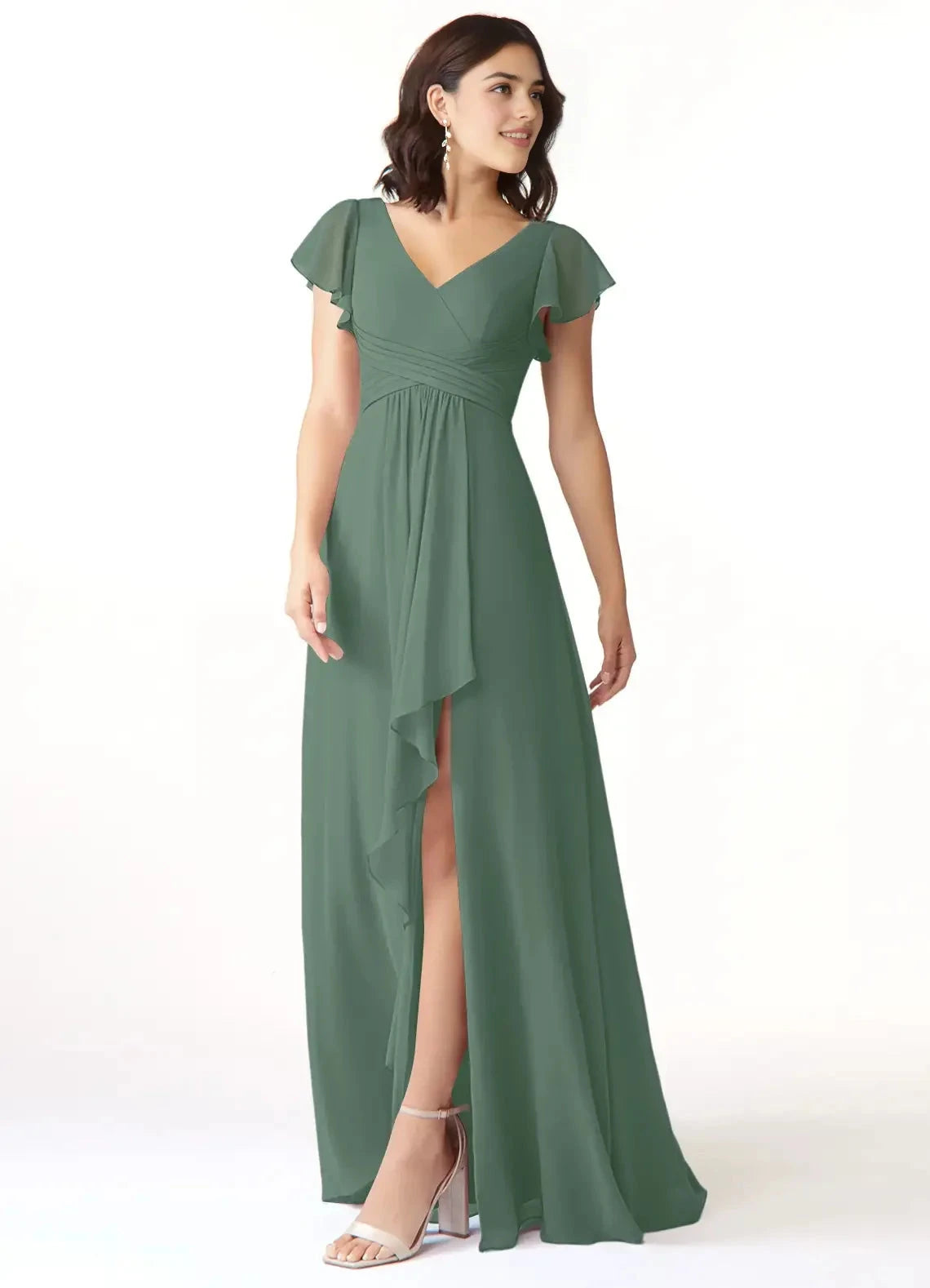 Sage Green V-Neck Flutter Sleeve Maxi Dress with Side Slit A-Line Chiffon Bridesmaid Dresses by YiHuiw