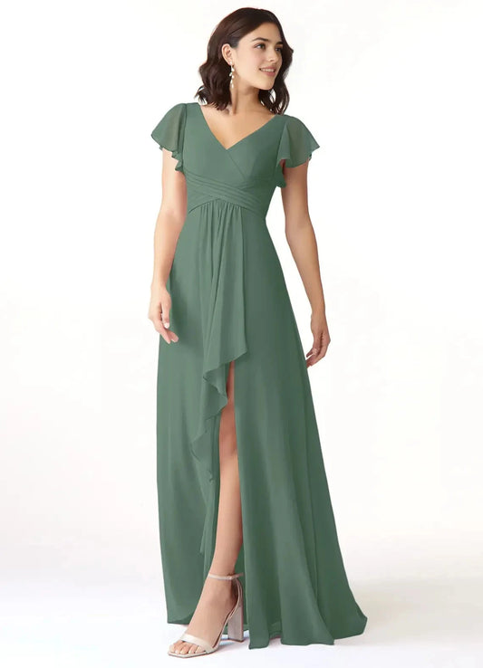 Sage Green V-Neck Flutter Sleeve Maxi Dress with Side Slit A-Line Chiffon Bridesmaid Dresses by YiHuiw